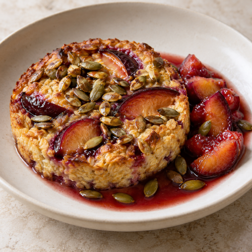 Plum–Allspice Oat Clafoutis, Plum Jus and Pepita - Fresh Start 30: A Journey To Better Health Plum–Allspice Oat Custard, Plum Compote and Pepita